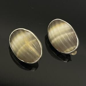 AKR Amy Kahn Russell Sterling Silver Carved Gray White Stone Clip On Earrings